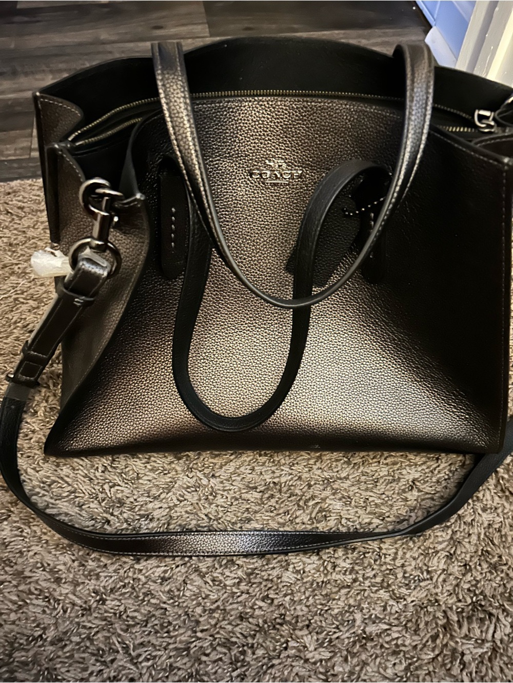 Coach Pebbled Leather Tote in Metallic Black